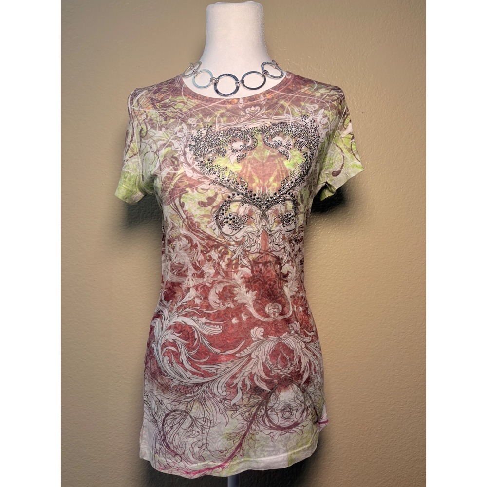 Y2K Sledge Womens XL Rhinestone Grunge Print Short Sleeve Tee #9